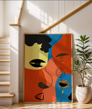 Abstract faces with vibrant colors and gold accents