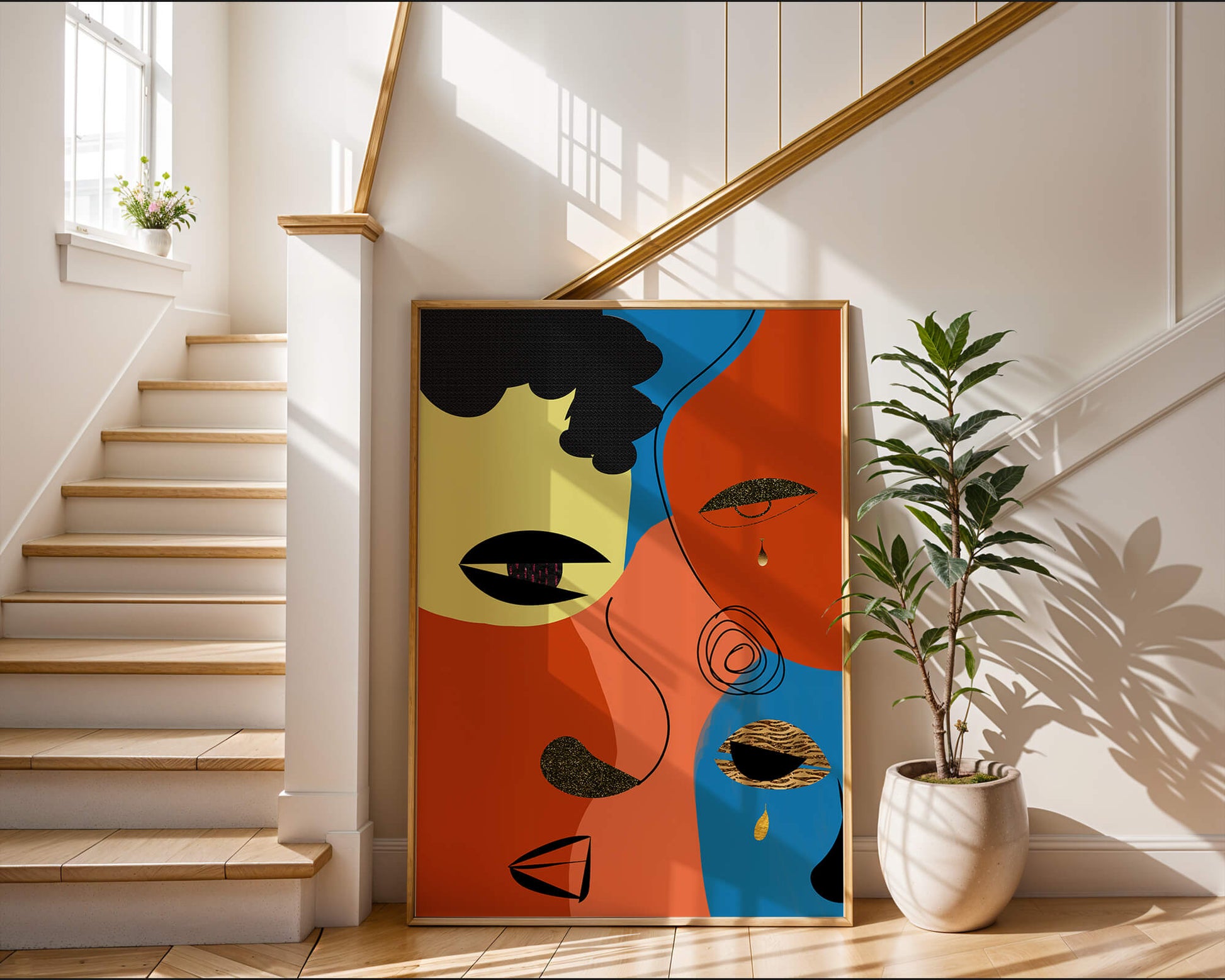 Abstract faces with vibrant colors and gold accents