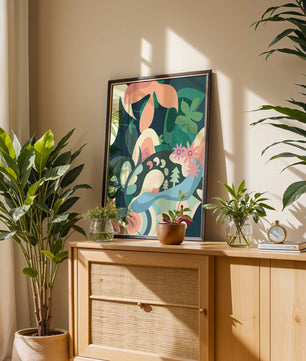 Abstract floral illustration with pastel colors and nature elements