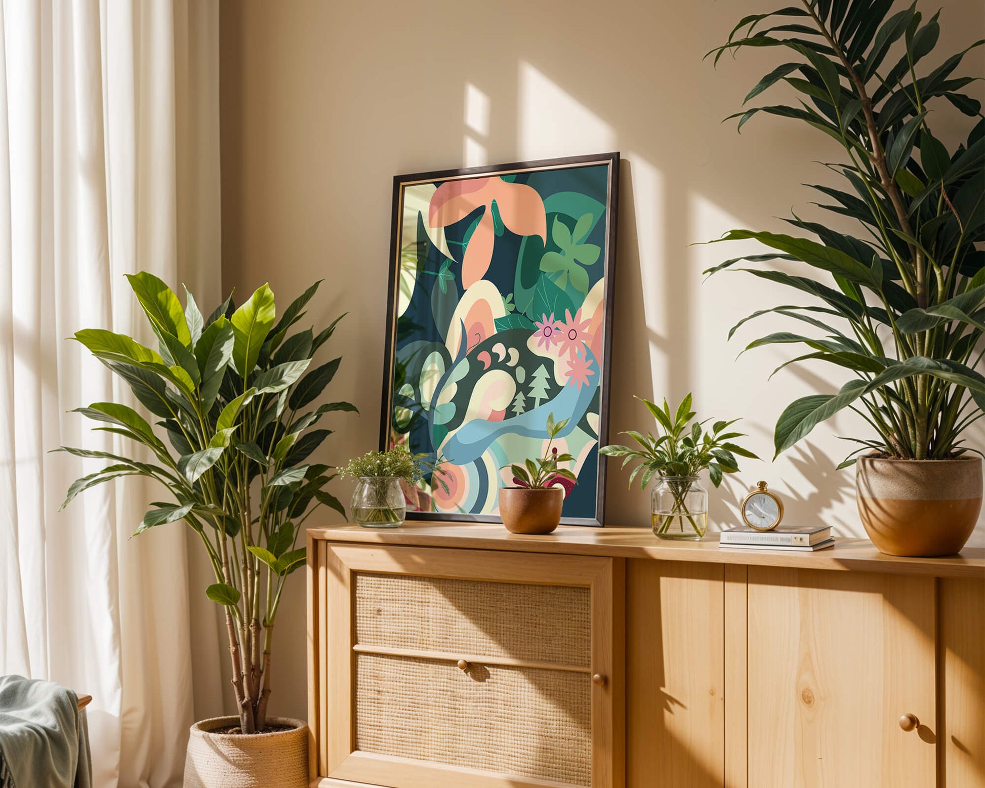 Abstract floral illustration with pastel colors and nature elements