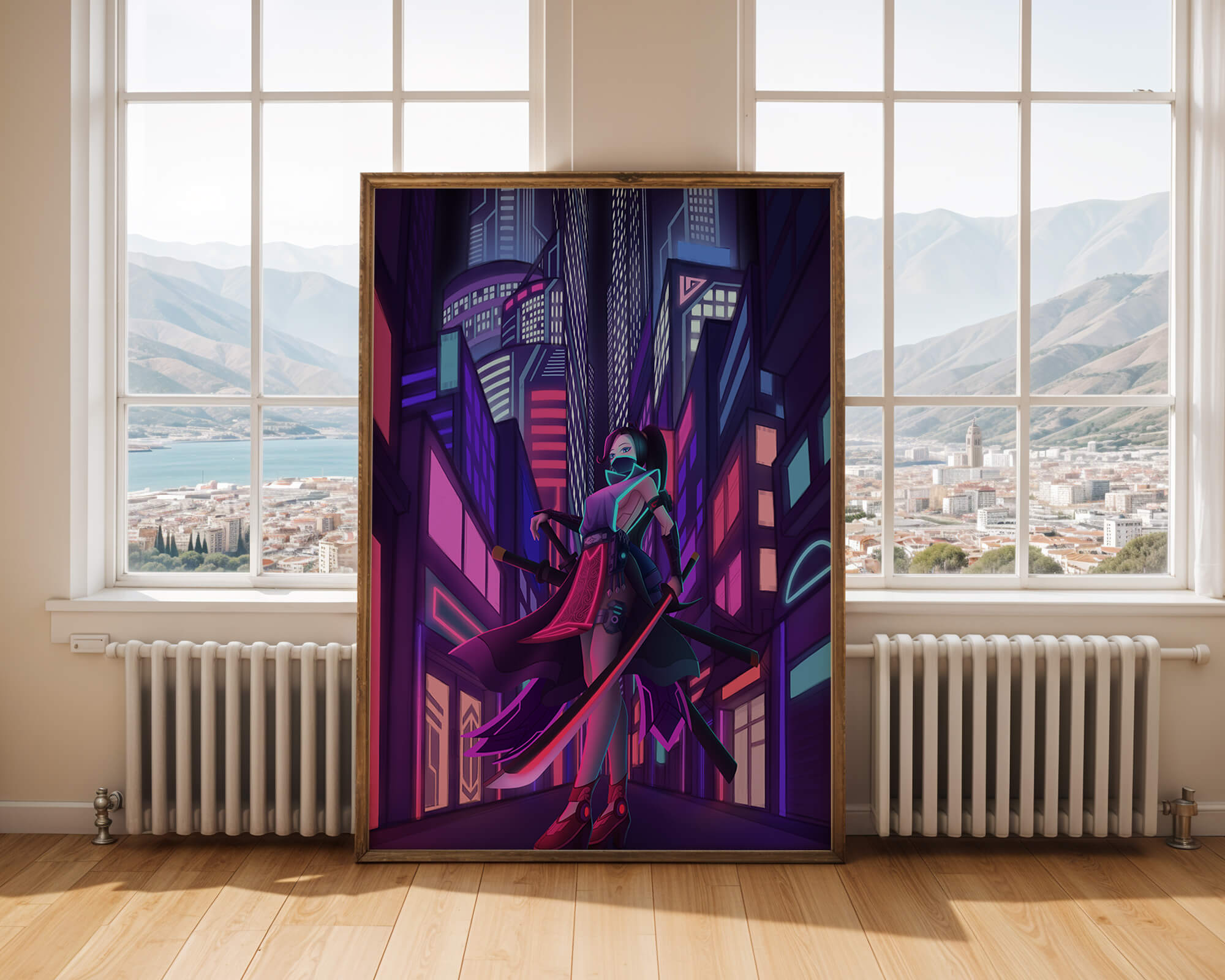 Futuristic cyberpunk cityscape with a female character and neon lights