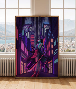 Paisaje urbano futurista de cibercpunk con una protagonista femenina y luces de neón