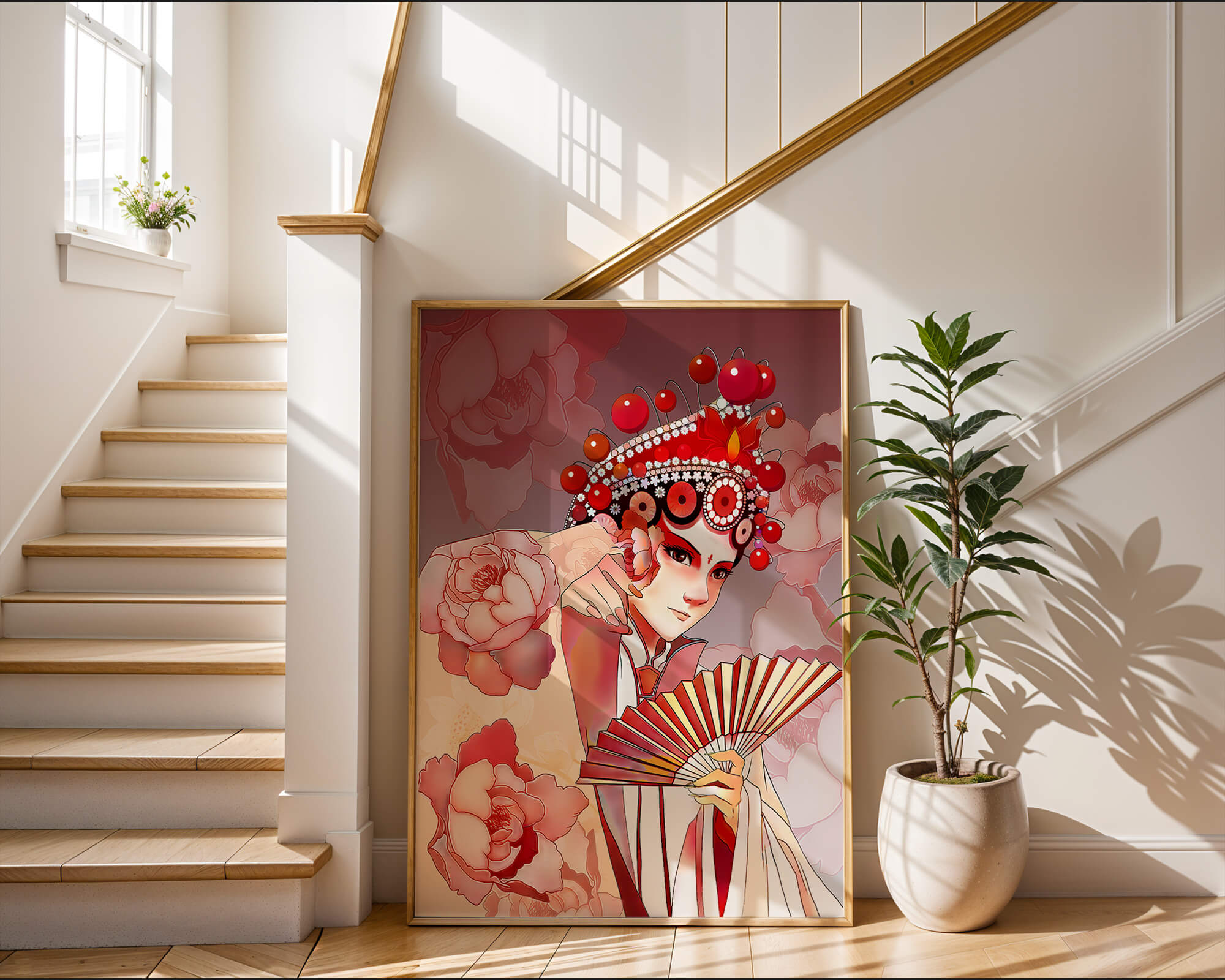 Traditional Asian artwork with floral motifs and ornate headpiece