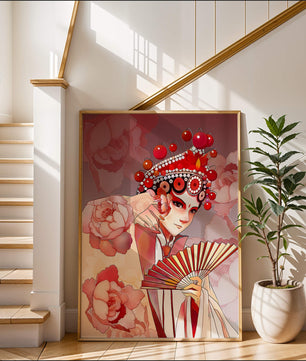 Traditional Asian artwork with floral motifs and ornate headpiece