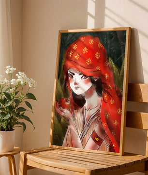 Illustration d'une fille en capuchon rouge tenant une pomme dans une forêt