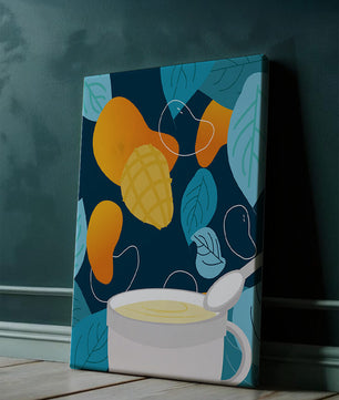 Ilustración colorida de mangos y hojas con una bebida cremosa
