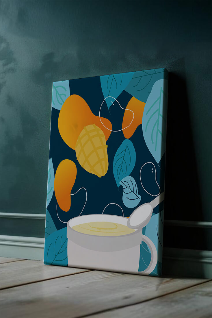 Ilustración colorida de mangos y hojas con una bebida cremosa