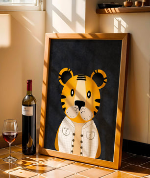 Illustration of cute cartoon tiger character in stylish outfit on dark background