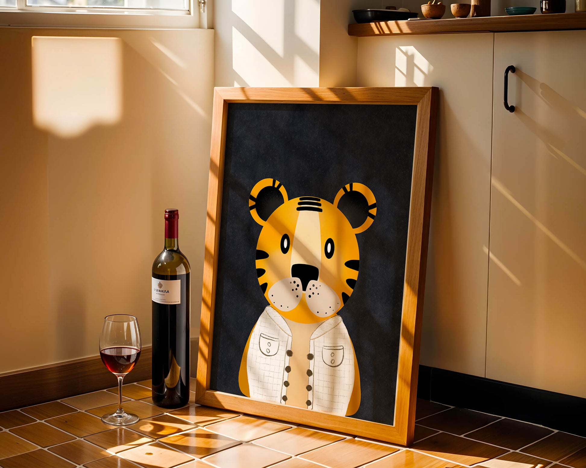 Illustration of cute cartoon tiger character in stylish outfit on dark background