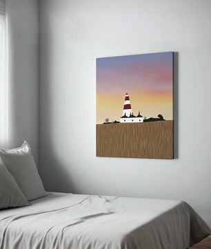 Lighthouse at Dusk with Colorful Sky and Field Landscape