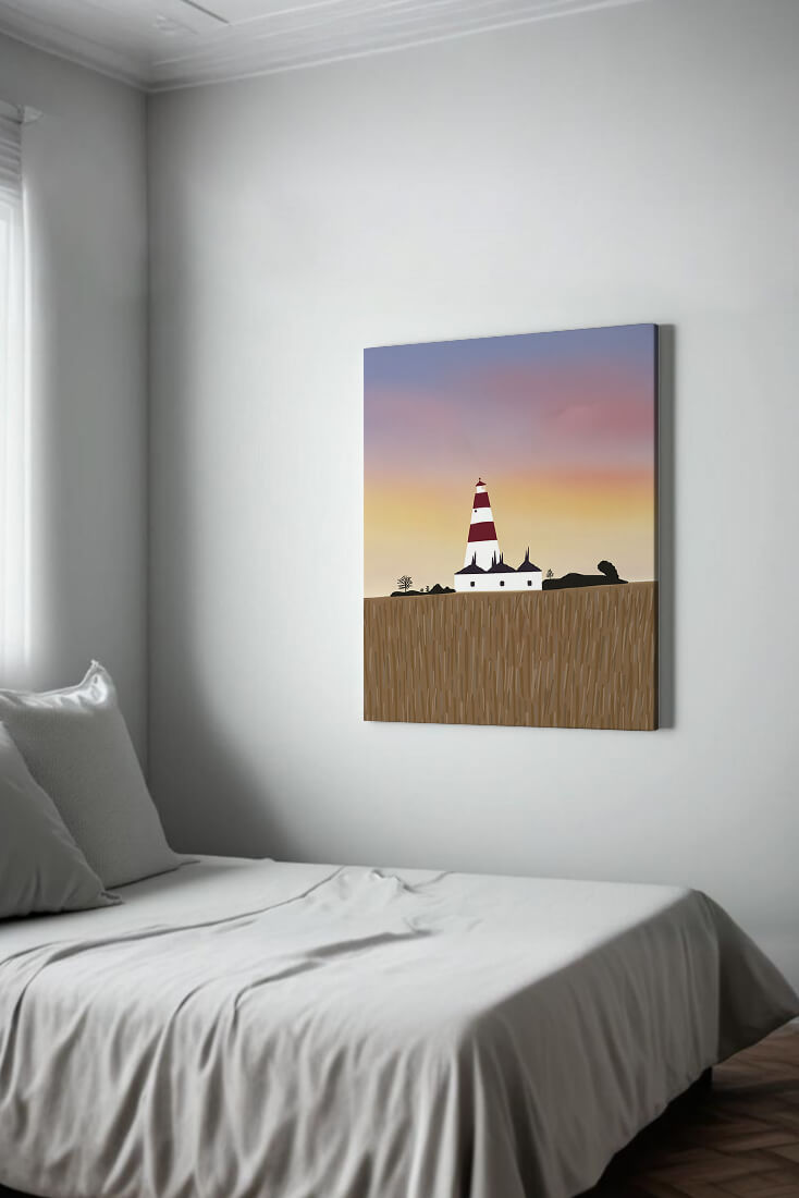 Lighthouse at Dusk with Colorful Sky and Field Landscape
