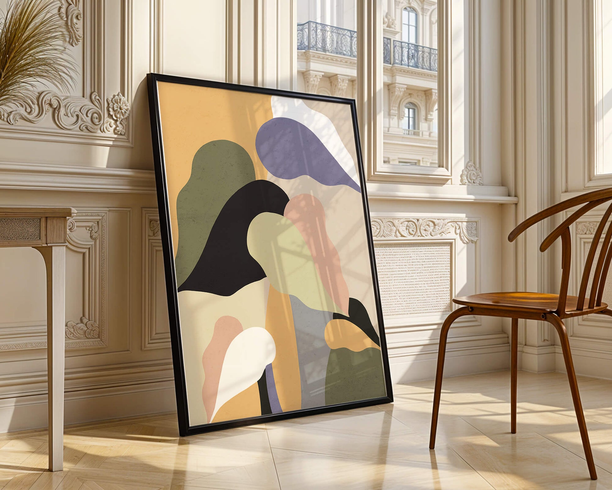 Abstract organic shapes in pastel colors with textured background