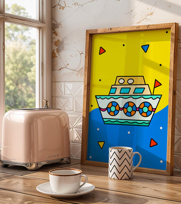 Colorful boat illustration with cartoon elements