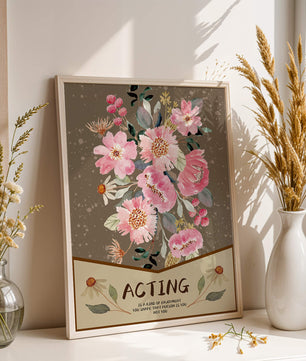 Ilustración acuarela floral con texto motivacional sobre un fondo marrón punteado