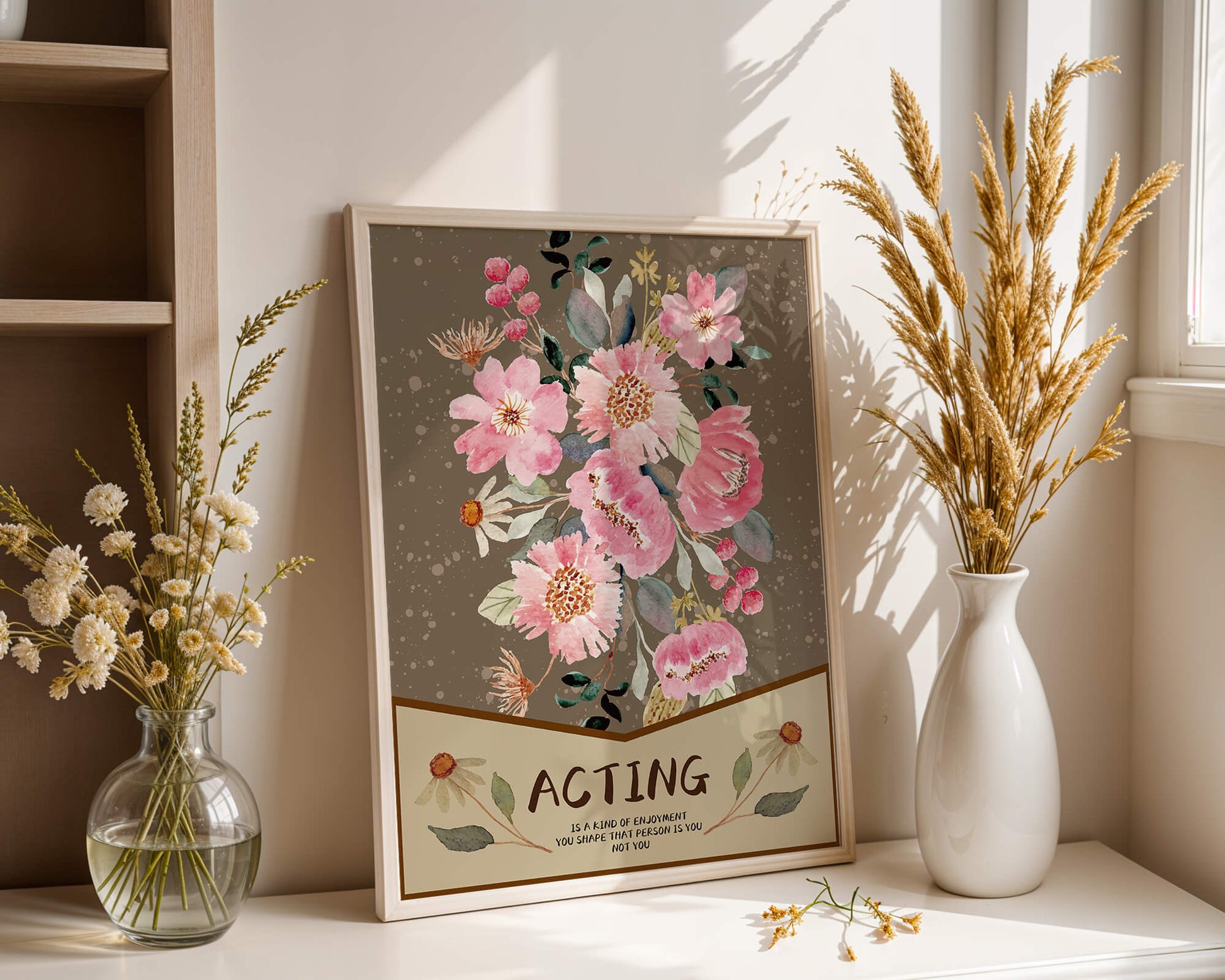 Floral watercolor illustration with motivational text on a brown dotted background