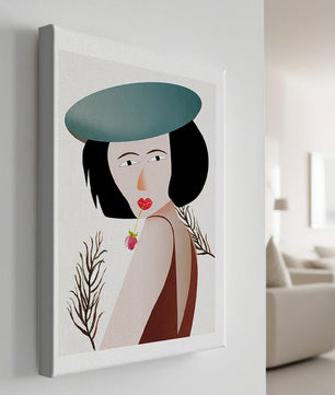 Mujer con sombrero azul y flor en estilo arte moderno
