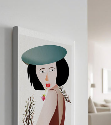 Woman with Blue Hat and Flower in Modern Art Style