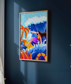 Ilustración de un surfista cabalgando una ola entre delfines y palmeras