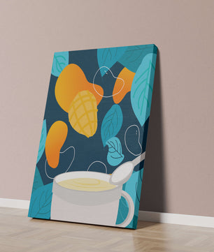 Ilustración colorida de mangos y hojas con una bebida cremosa