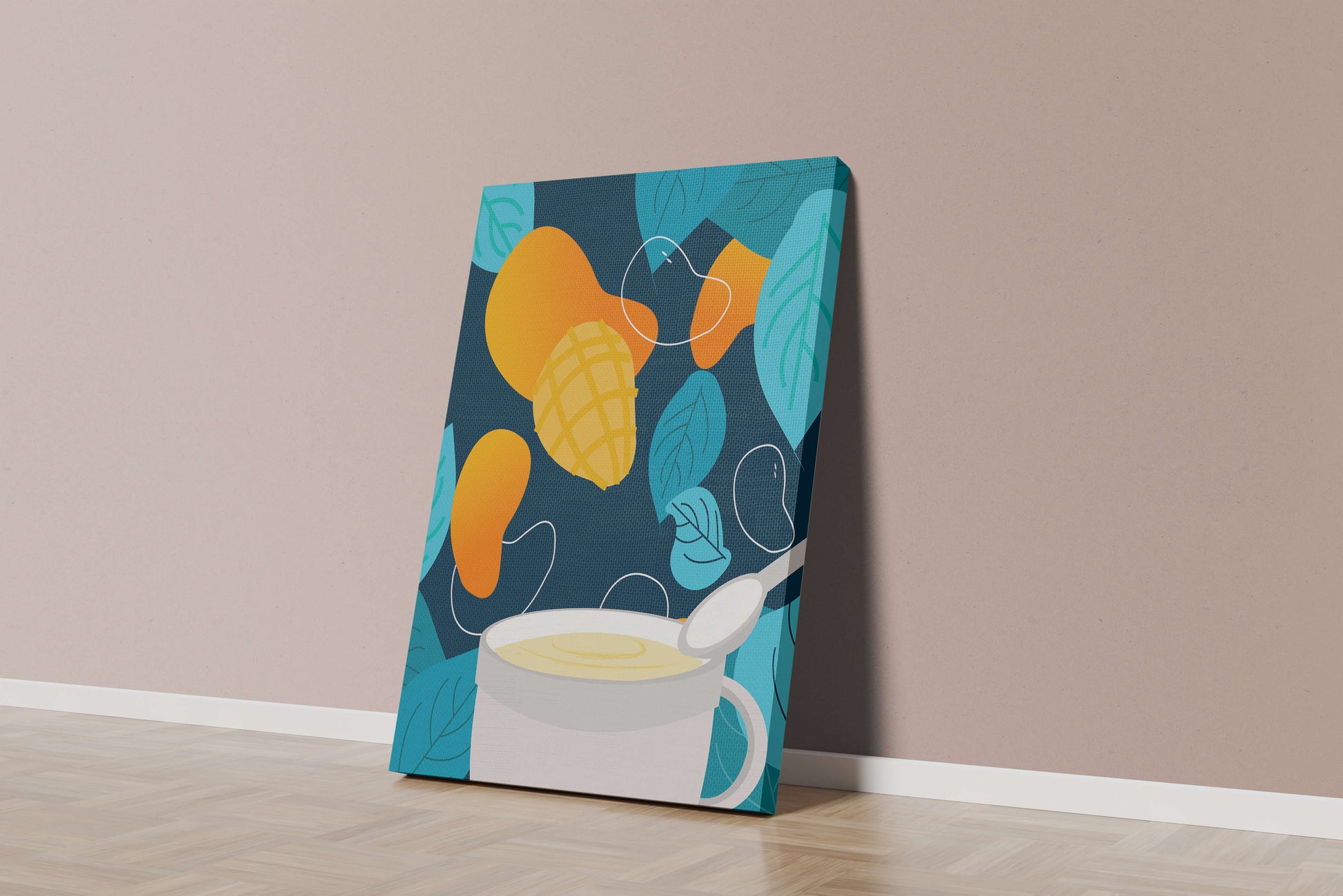 Ilustración colorida de mangos y hojas con una bebida cremosa