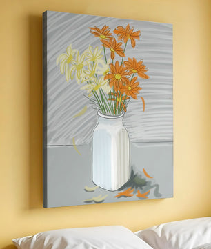 Vibrant daisies in a white vase illustration