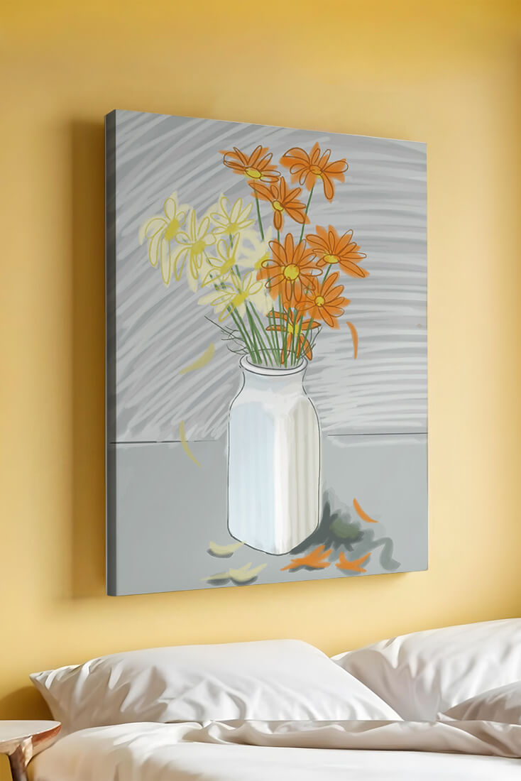 Vibrant daisies in a white vase illustration