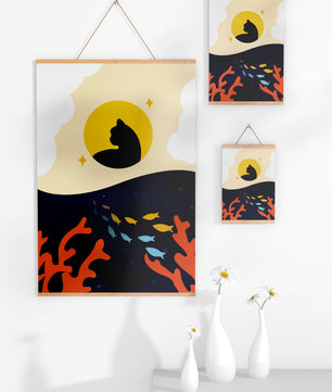 Ruhiges abstraktes Design mit Katzensilhouette und lebendiger Unterwasserszene