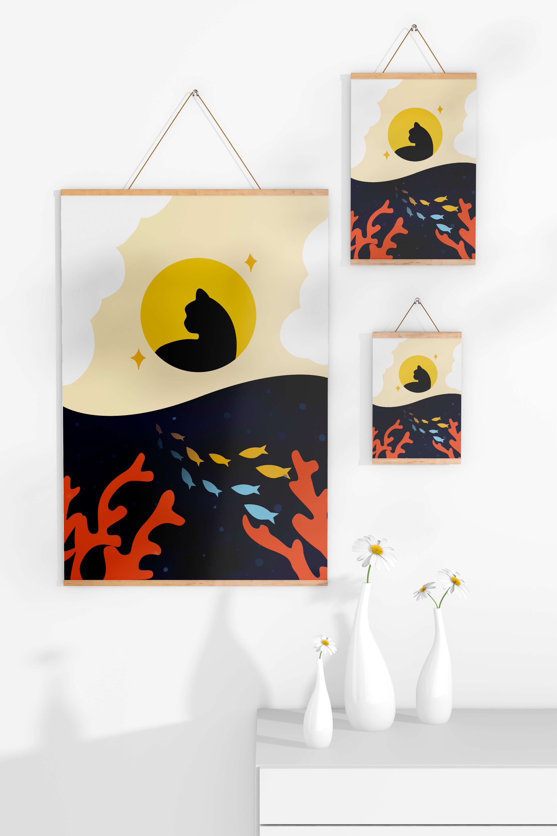 Ruhiges abstraktes Design mit Katzensilhouette und lebendiger Unterwasserszene