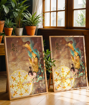 Figura celestial elegante con aura dorada y motivos florales