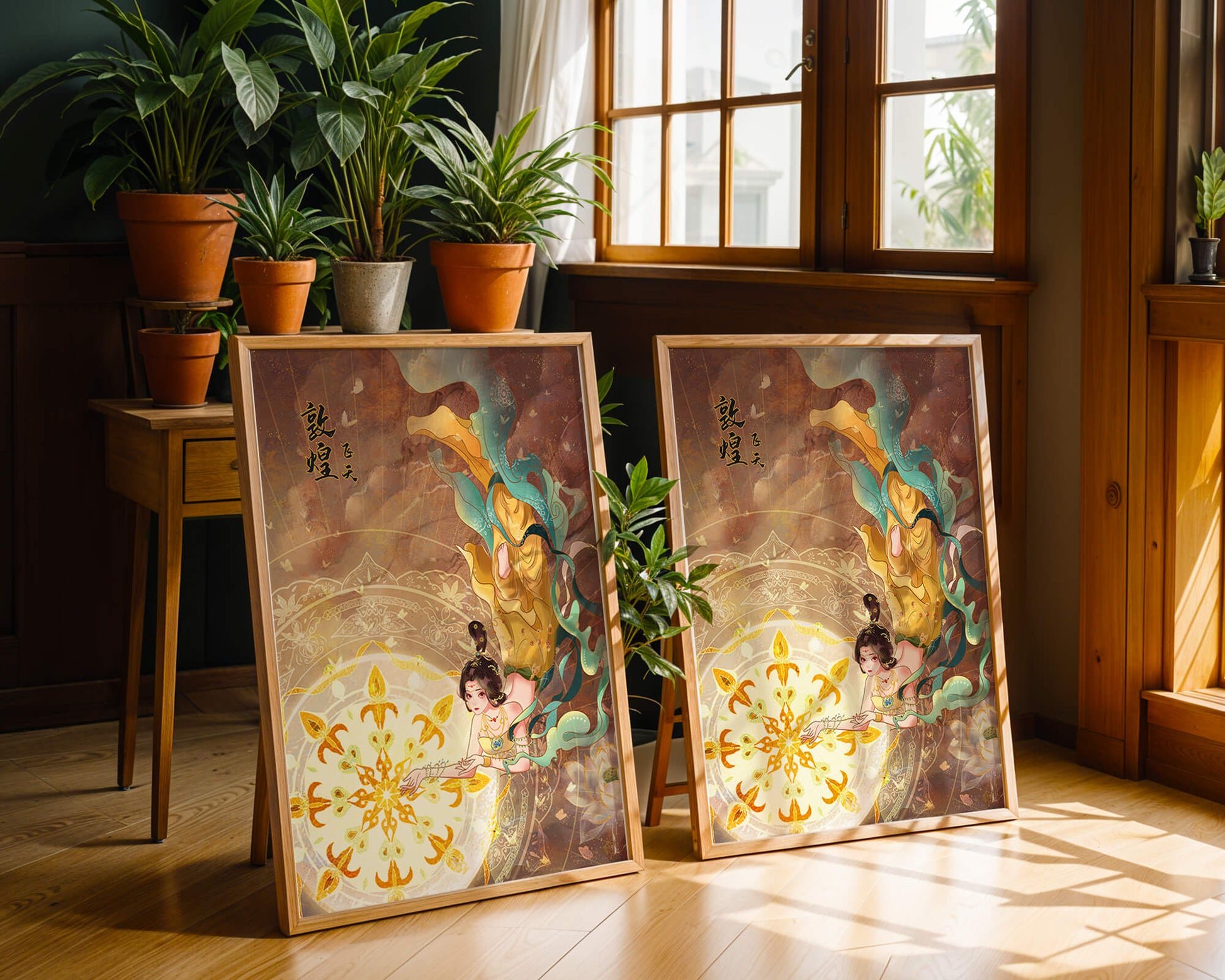 Figura celestial elegante con aura dorada y motivos florales
