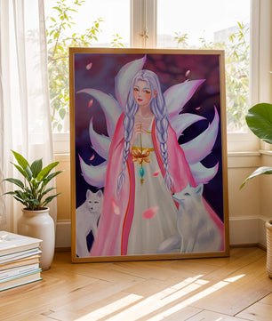 Fantasy art of ethereal figure with foxes and petals