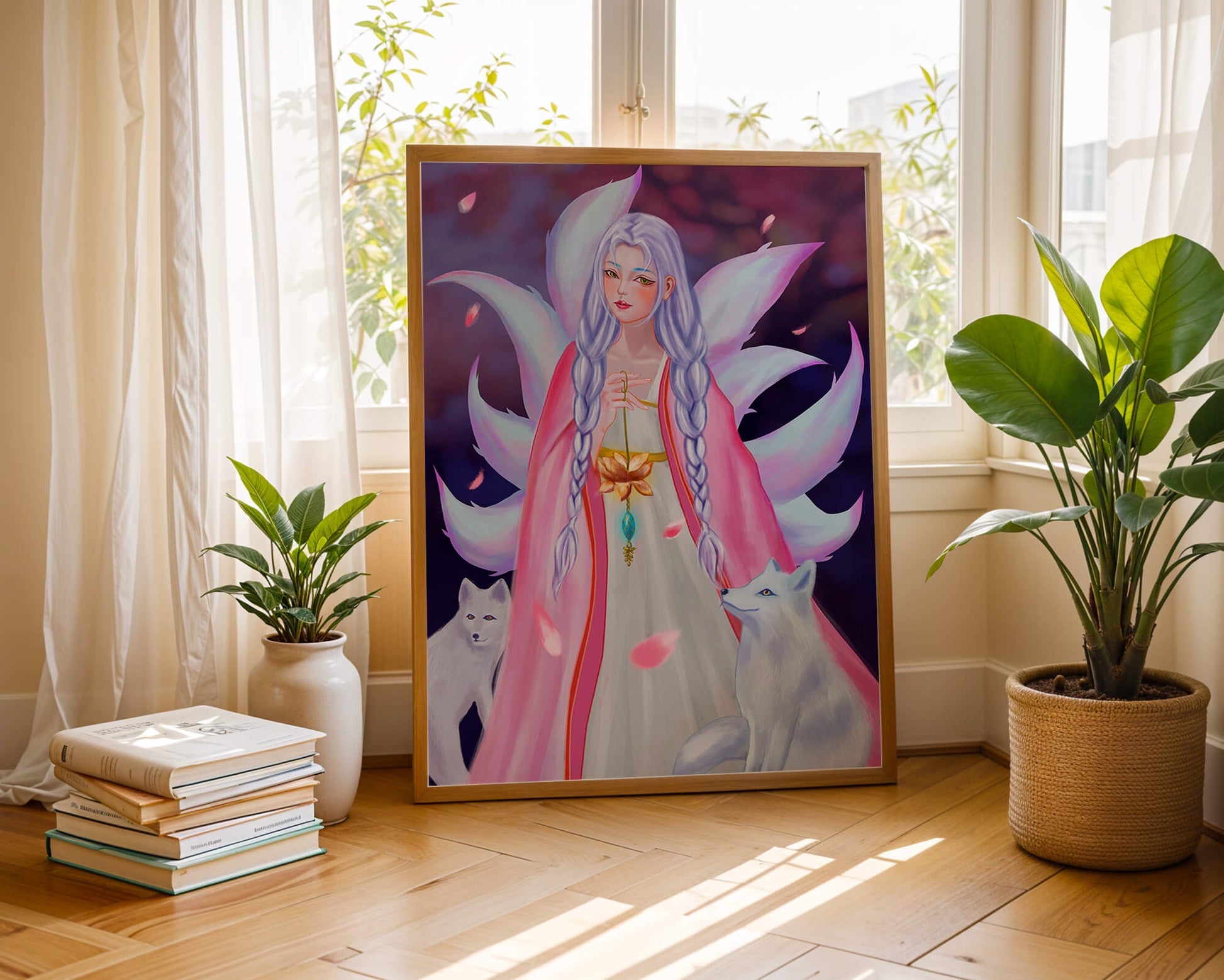 Fantasy art of ethereal figure with foxes and petals