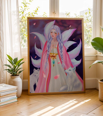 Fantasy art of ethereal figure with foxes and petals