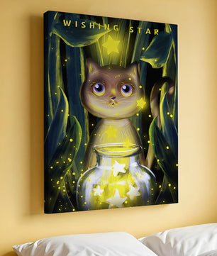 Cat under starry night in a magical forest setting