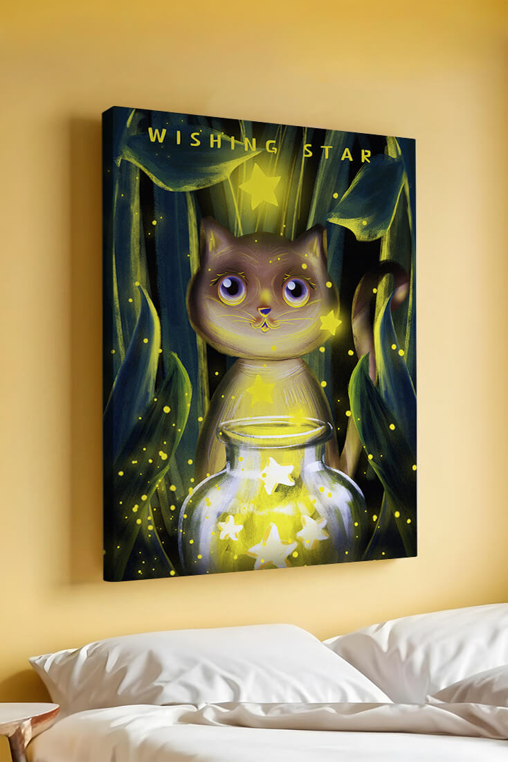 Cat under starry night in a magical forest setting