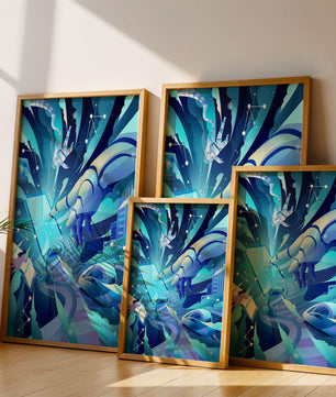Futuristische digitale Kunst mit Astronaut und Roboterhand in lebhaften Blautönen
