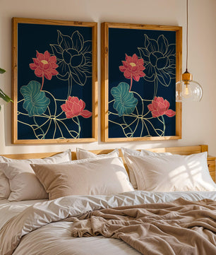 Vibrant Lotus Flowers on Dark Background with Gold Outline