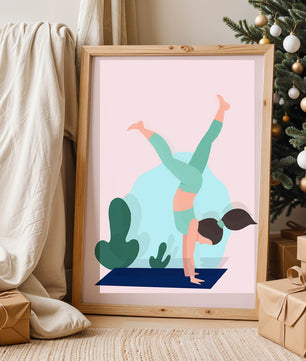 Ilustración de una mujer practicando la postura de parada de manos en yoga