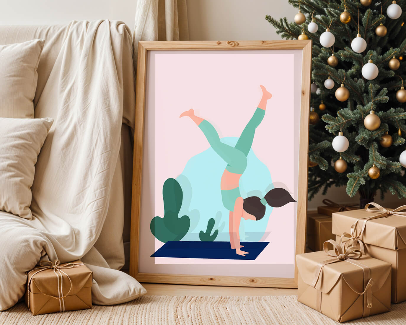Illustration of a woman practicing yoga handstand pose