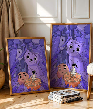 Whimsical forest scene with playful cartoon characters