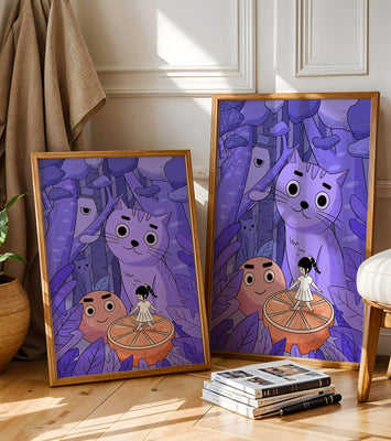 Whimsical forest scene with playful cartoon characters
