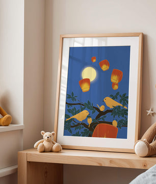 Lanterns and Birds Under the Night Sky