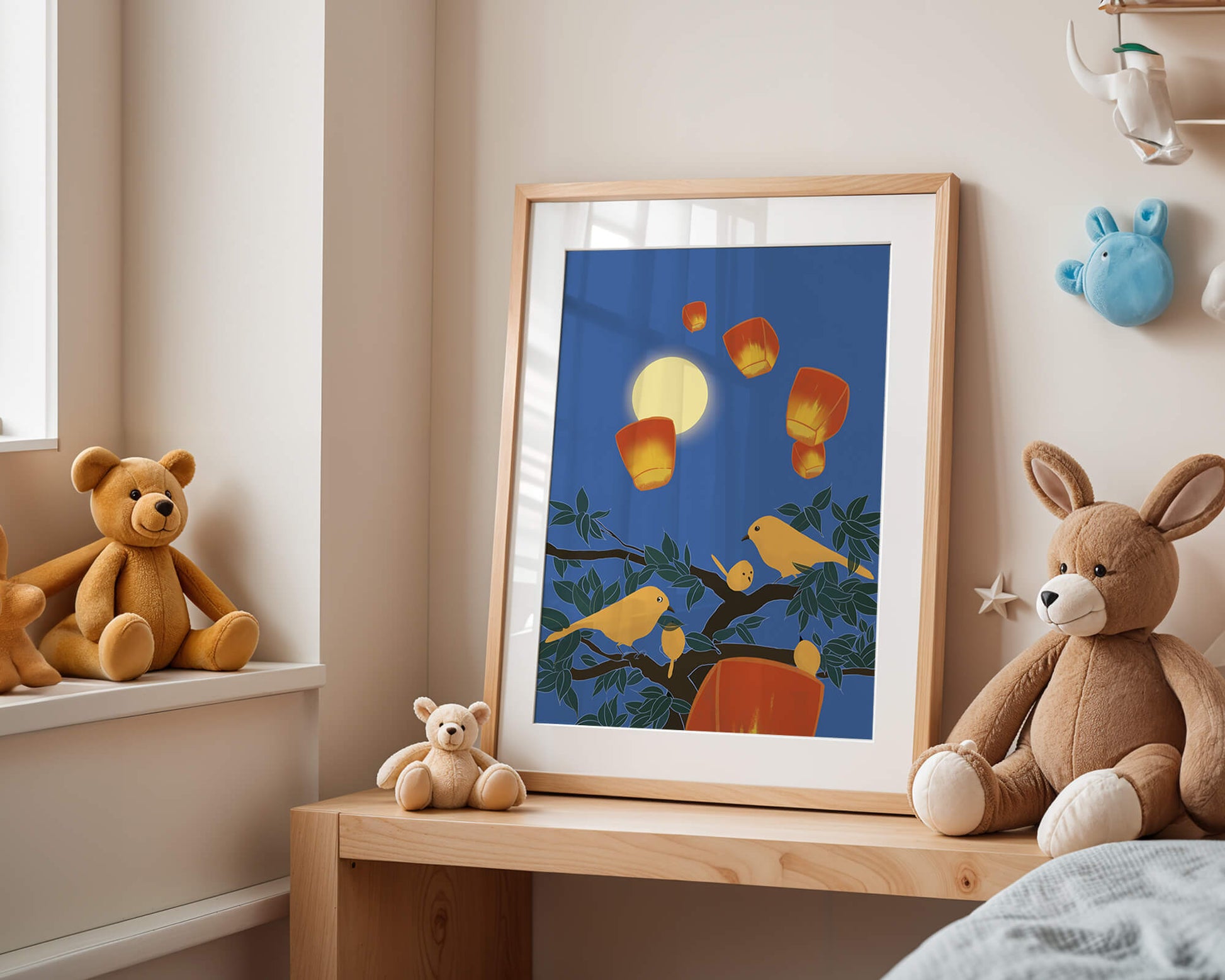 Lanterns and Birds Under the Night Sky