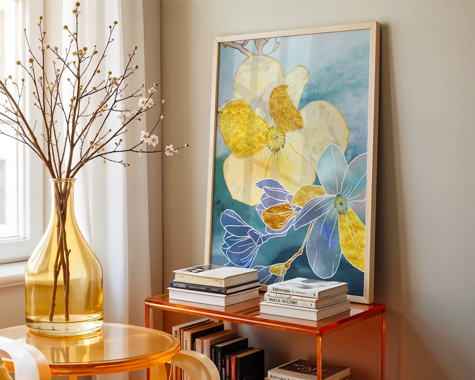 Arte floral abstracto con detalles dorados y tonos azules