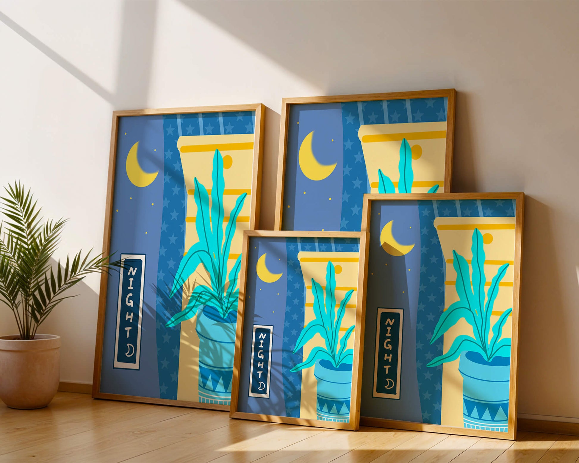 Nighttime plant illustration with crescent moon and starry background