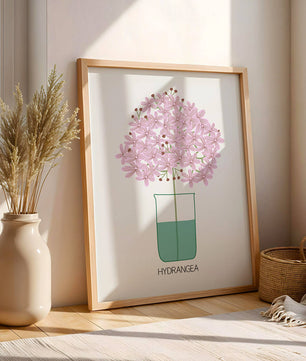 Illustration von Hortensienblüten in einer Vase mit eleganter Linienkunst