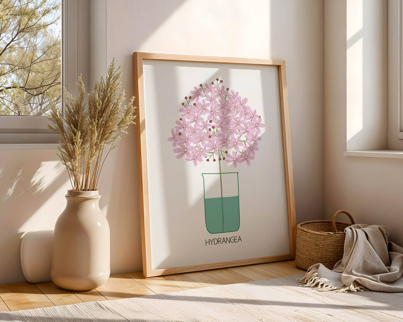 Illustration von Hortensienblüten in einer Vase mit eleganter Linienkunst