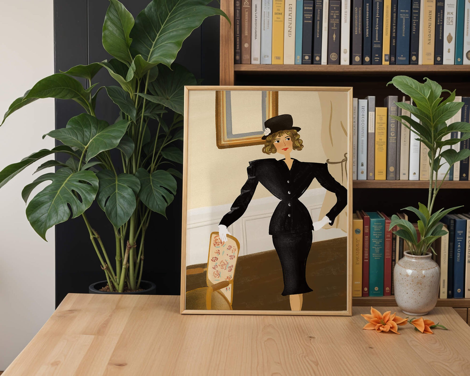 Mujer elegante en moda vintage con traje negro y sombrero