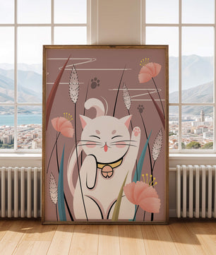 Ilustración de un gato maneki-neko en un entorno de jardín floral