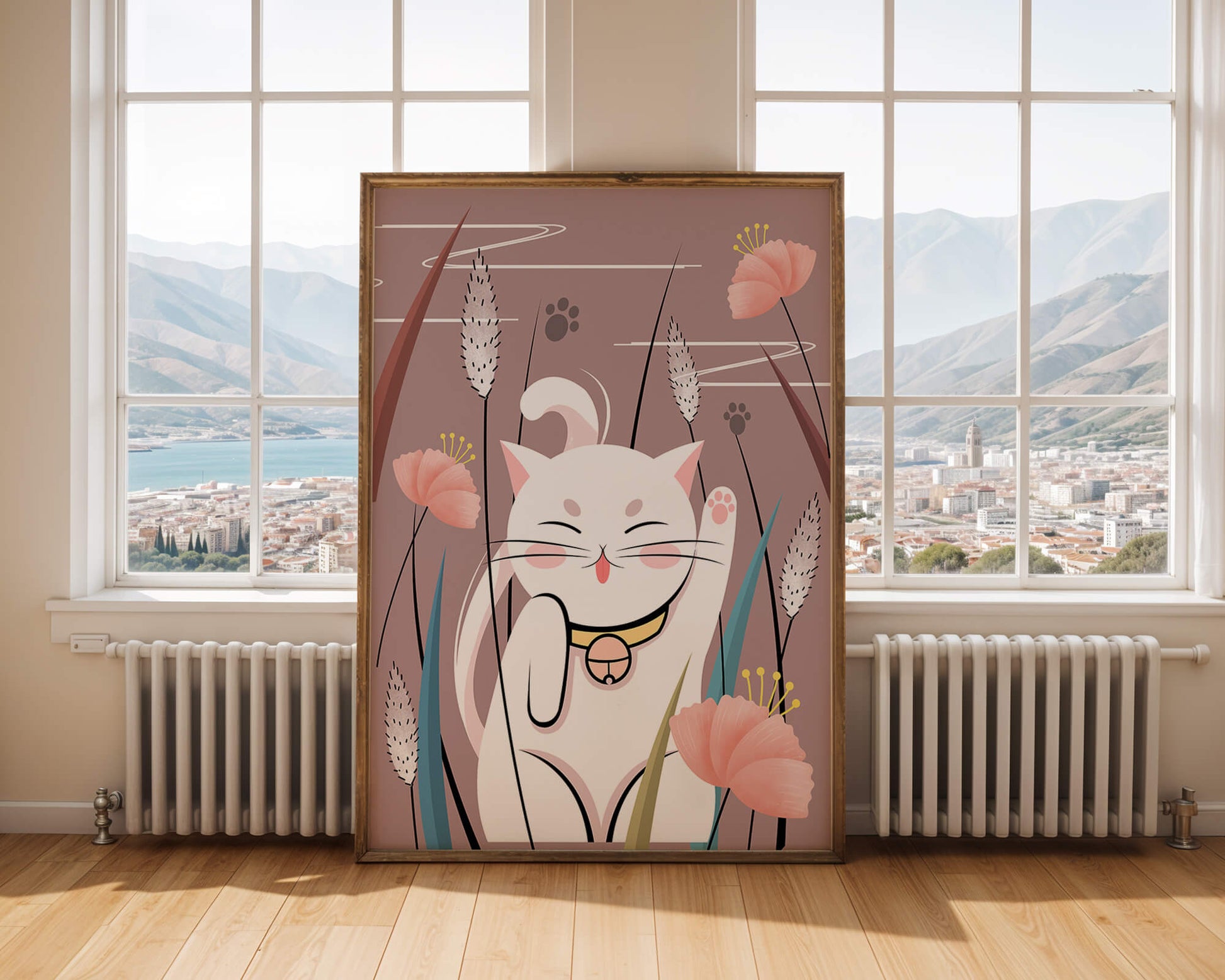 Illustration of a maneki-neko cat in a floral garden setting